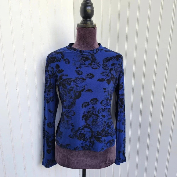 Vibe Sportswear Turtleneck Velvet Floral Long Sleeve Blouse Top Stretch Blue M - Picture 1 of 13